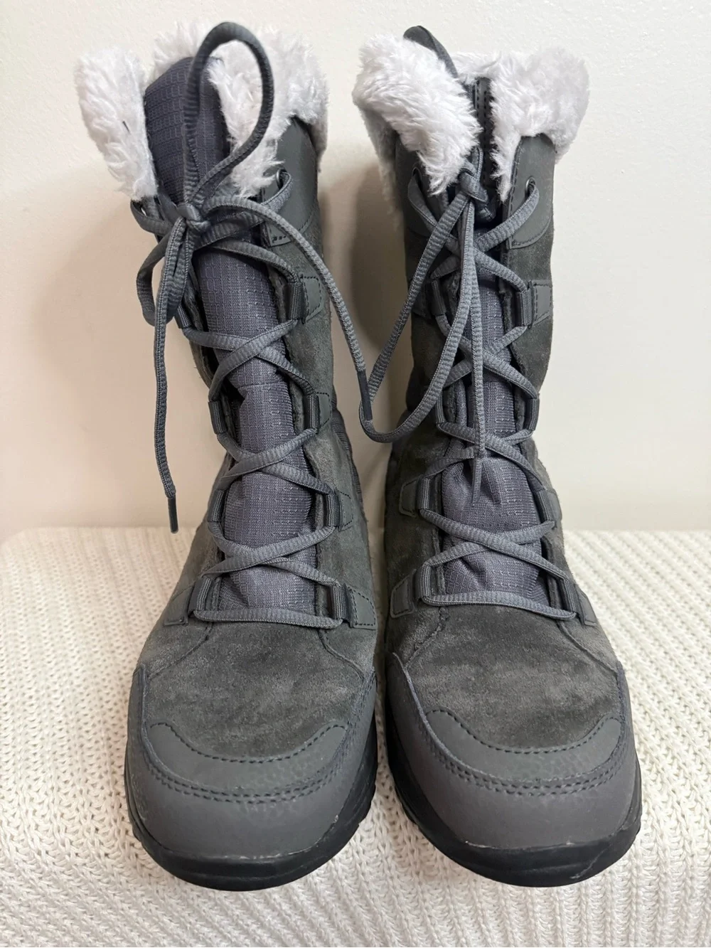 Columbia Women's Gray Lace-Up Winter Boots with Faux Fur in size 8